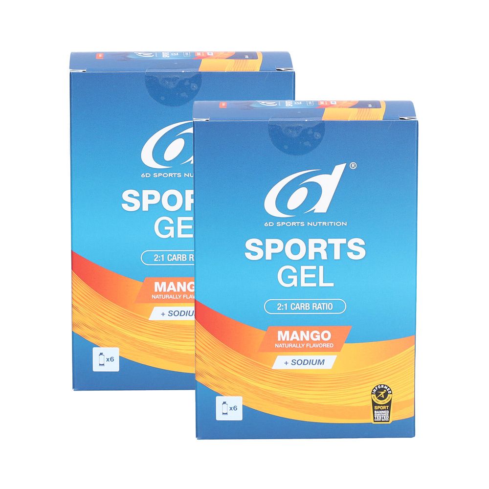 Deux boîtes de 6D Sports Nutrition Sports Gel Mango. Design bleu-orange. Texte: Sports Gel, 2:1 Carb Ratio, Mango, + Sodium. 6 pièces.