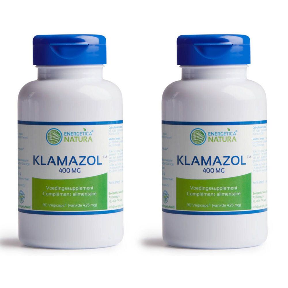 Zwei weiße Flaschen mit blauem Deckel. Aufschrift: Klamazol 400 mg, Energetica Natura. Ergänzungsmittel.
