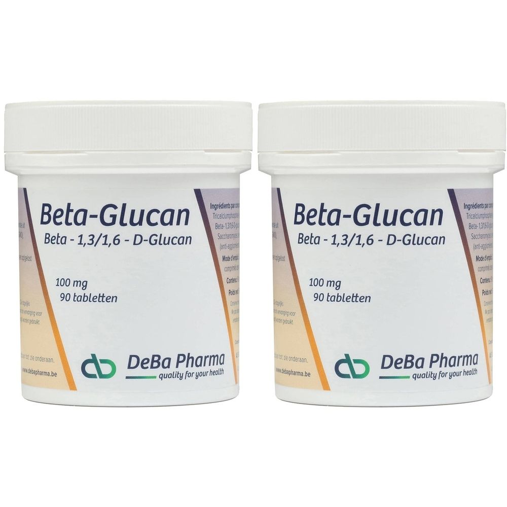 Zwei weiße Behälter mit der Aufschrift Beta-Glucan. Aufschrift: 100 mg, 90 Tabletten. Logo DeBa Pharma.