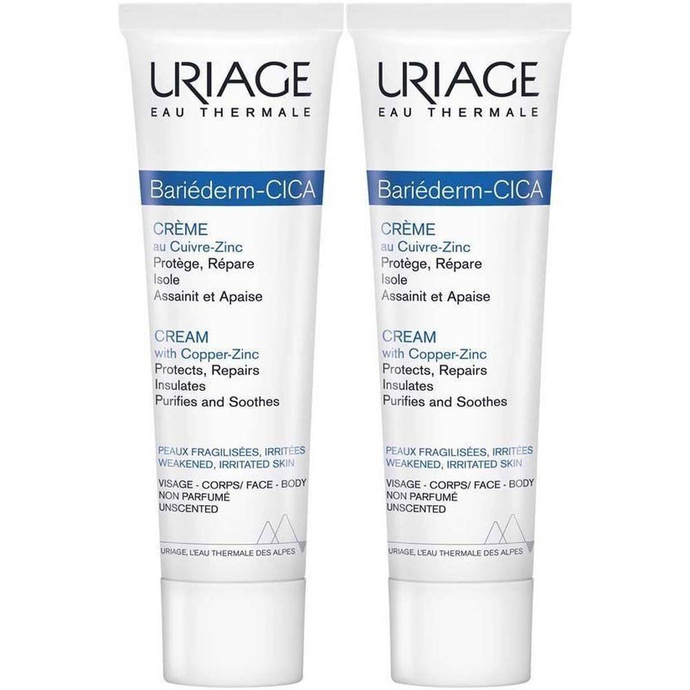 Deux tubes de crème Uriage Bariéderm Cica. Blanc, avec texte bleu et noir. Nom et propriétés du produit imprimés.
