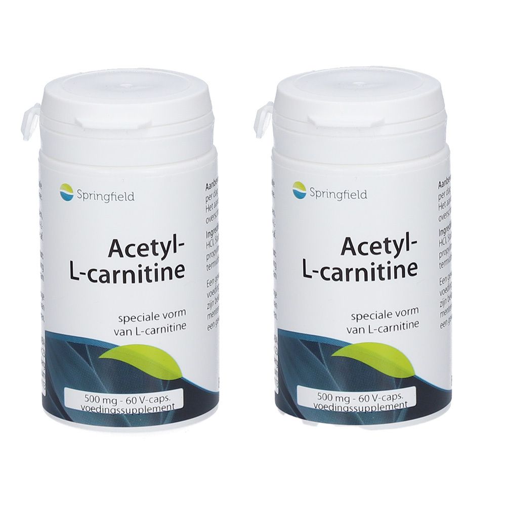 Zwei weiße Flaschen mit dem Etikett "Acetyl-L-carnitine". Aufschrift: "Springfield", "500 mg - 60 V-caps".