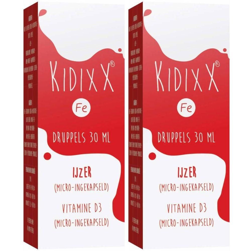 Zwei Packungen KIDIXX® Fe Tropfen. Rote Verpackung mit weißer Schrift. Enthält Eisen und Vitamin D3. Aufschrift: DRUPPELS 30 ML.