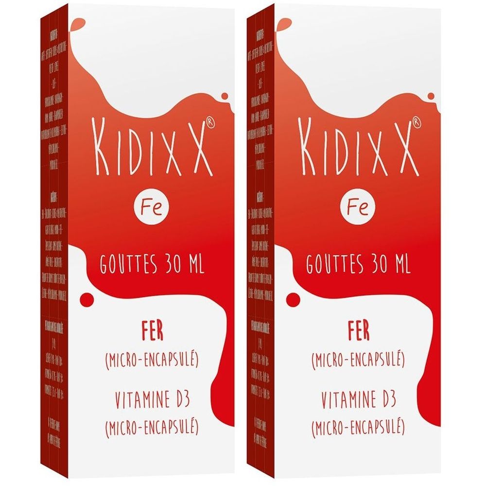 Deux boîtes de KIDIXX® Fe Tropfen. Emballage rouge avec texte blanc. Contient du fer et de la vitamine D3. Inscription: GOUTTES 30 ML.