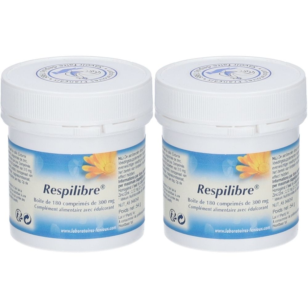 Deux pots blancs avec étiquettes. Inscription: Respilibre, 300 mg. 180 comprimés. Complément alimentaire avec réducteur.
