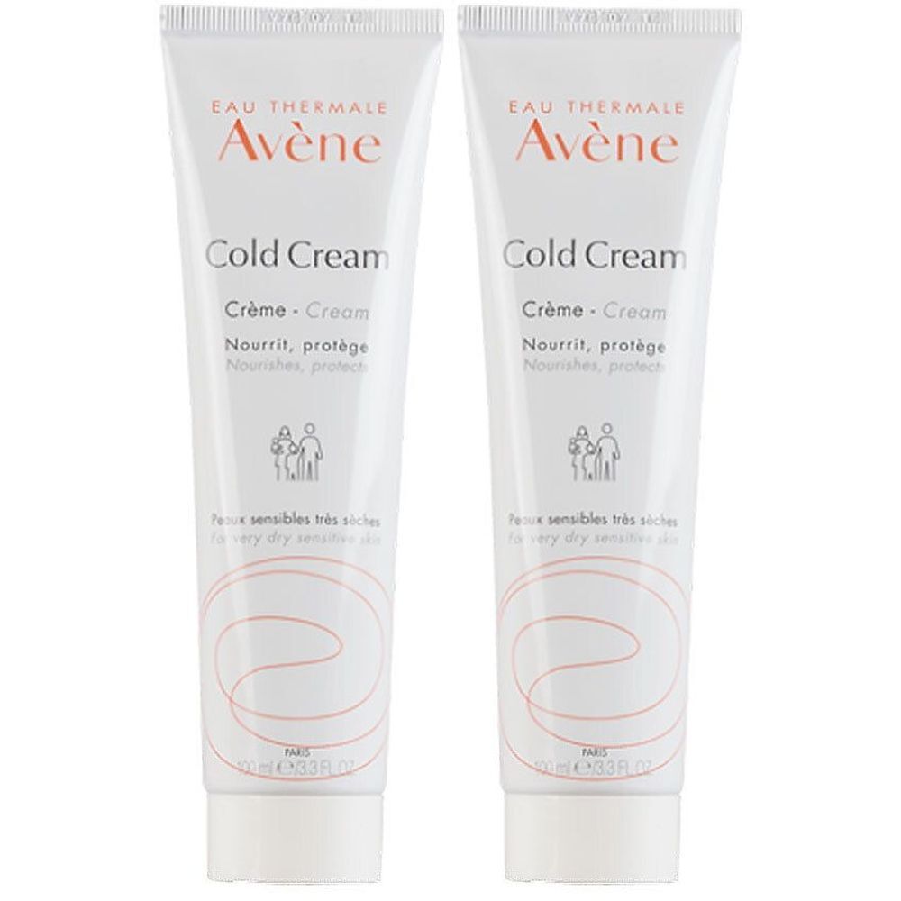 Deux tubes de crème Avène Cold Cream. Tubes blancs avec texte rouge. Inscription: Cold Cream, Crème, Nourrit, protège. Pour peaux très sèches.