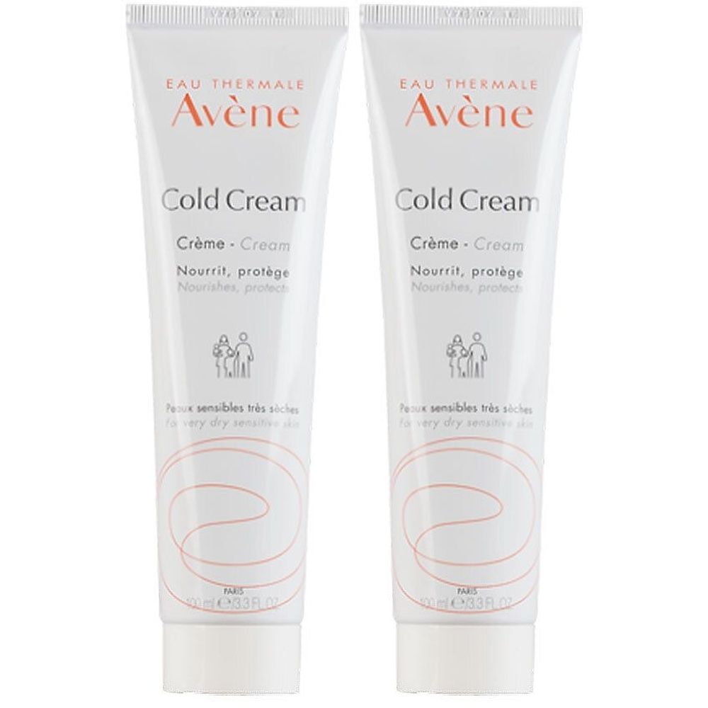 Zwei Tuben Avène Cold Cream. Weiße Tuben mit roter Schrift. Text: Cold Cream, Crème, Nourrit, protège. Für sehr trockene Haut.