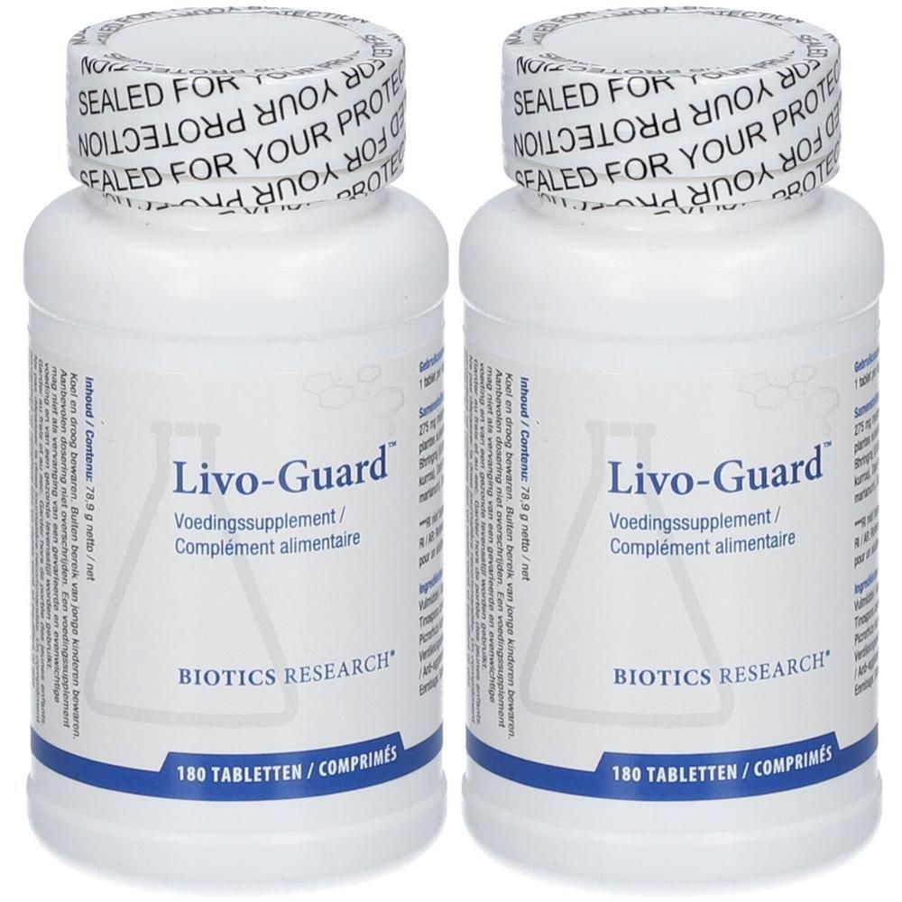 Zwei weiße Flaschen mit "Livo-Guard"-Etikett. Aufschrift "BIOTICS RESEARCH". Siegel mit Text "SEALED FOR YOUR PROTECTION".