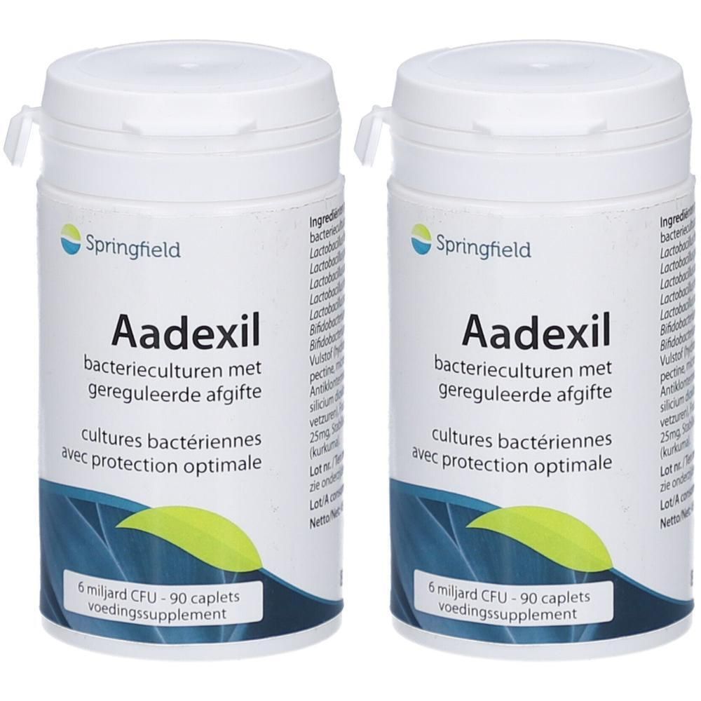 Zwei weiße Flaschen mit dem Produktnamen Aadexil. Aufschrift: Bakterienkulturen mit geregelter Abgifte. 90 Caplets.