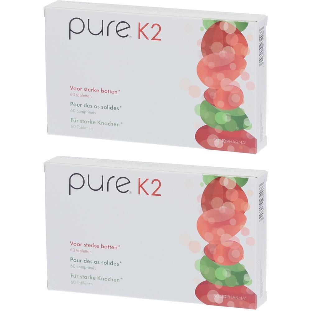 Deux boîtes blanches avec des graphiques rouges et verts. "pure K2" en haut. Texte en néerlandais, français et allemand en dessous.