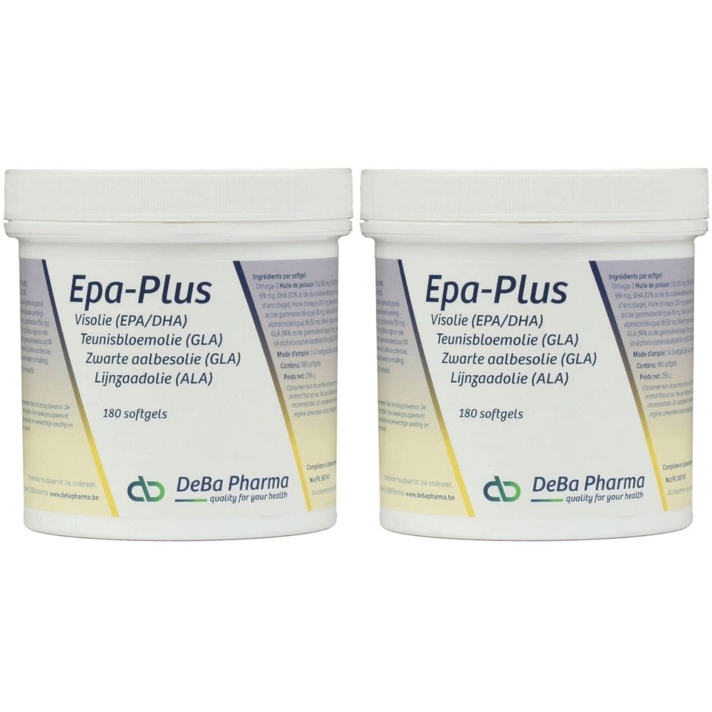 Zwei weiße Dosen mit Deckel. Aufschrift: Epa-Plus, Visolie, Teunisbloemolie, Zwarte aalbesolie, Lijnzaadolie, 180 softgels. Logo DeBa Pharma.