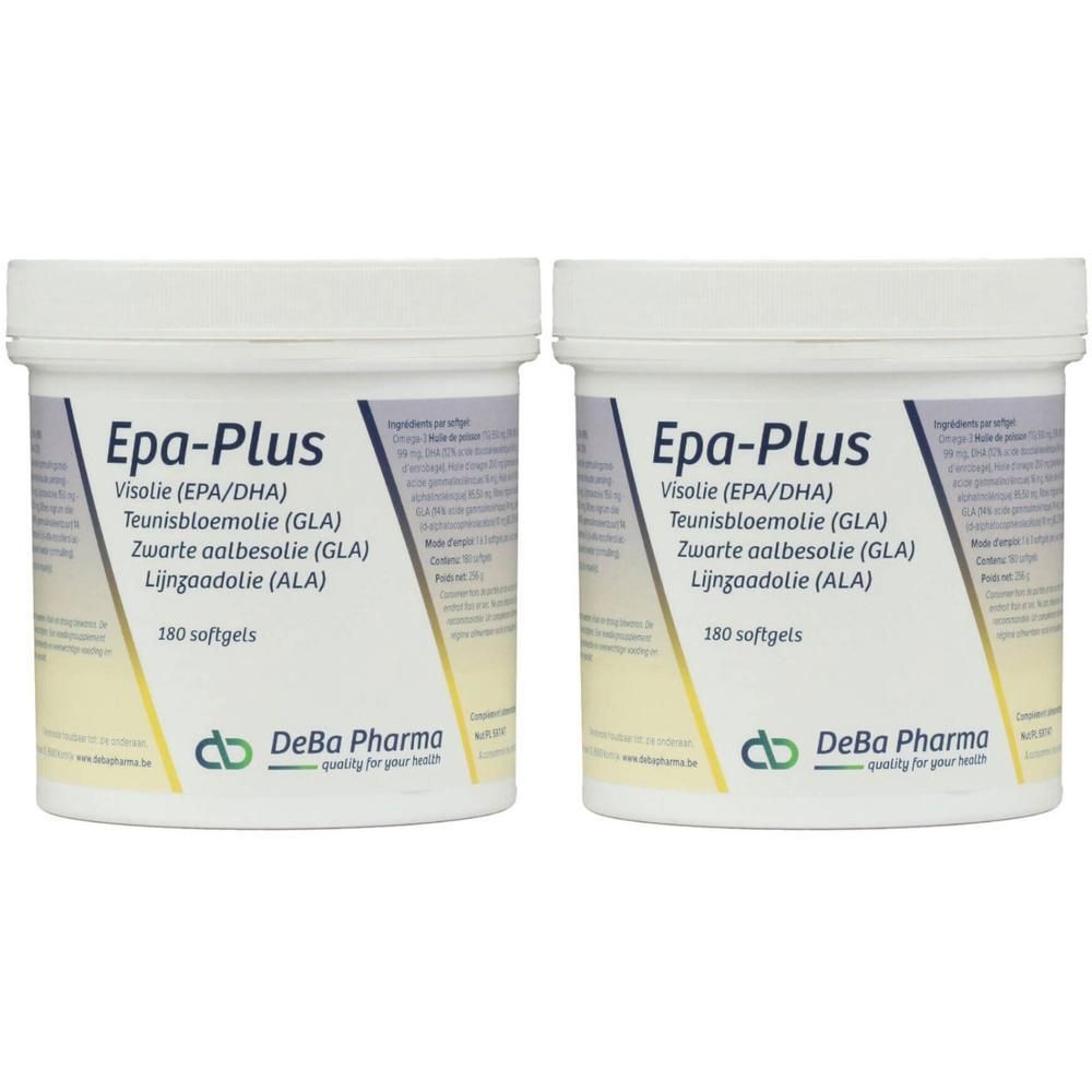 Zwei weiße Behälter mit Deckel. Aufschrift: "Epa-Plus", Inhaltsstoffe, "180 softgels" und Logo "DeBa Pharma".
