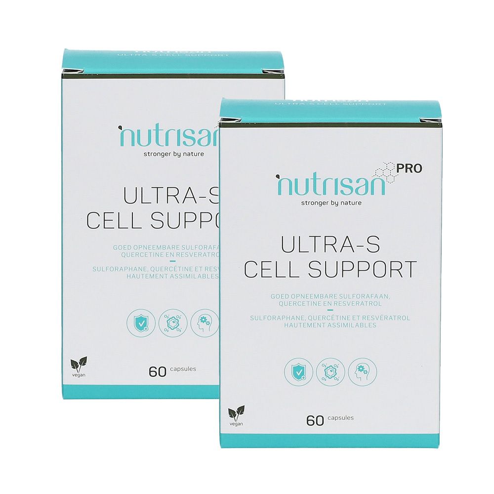 Zwei weiße Kartons mit der Aufschrift "nutrisan ULTRA-S CELL SUPPORT". Aufschrift "60 capsules".