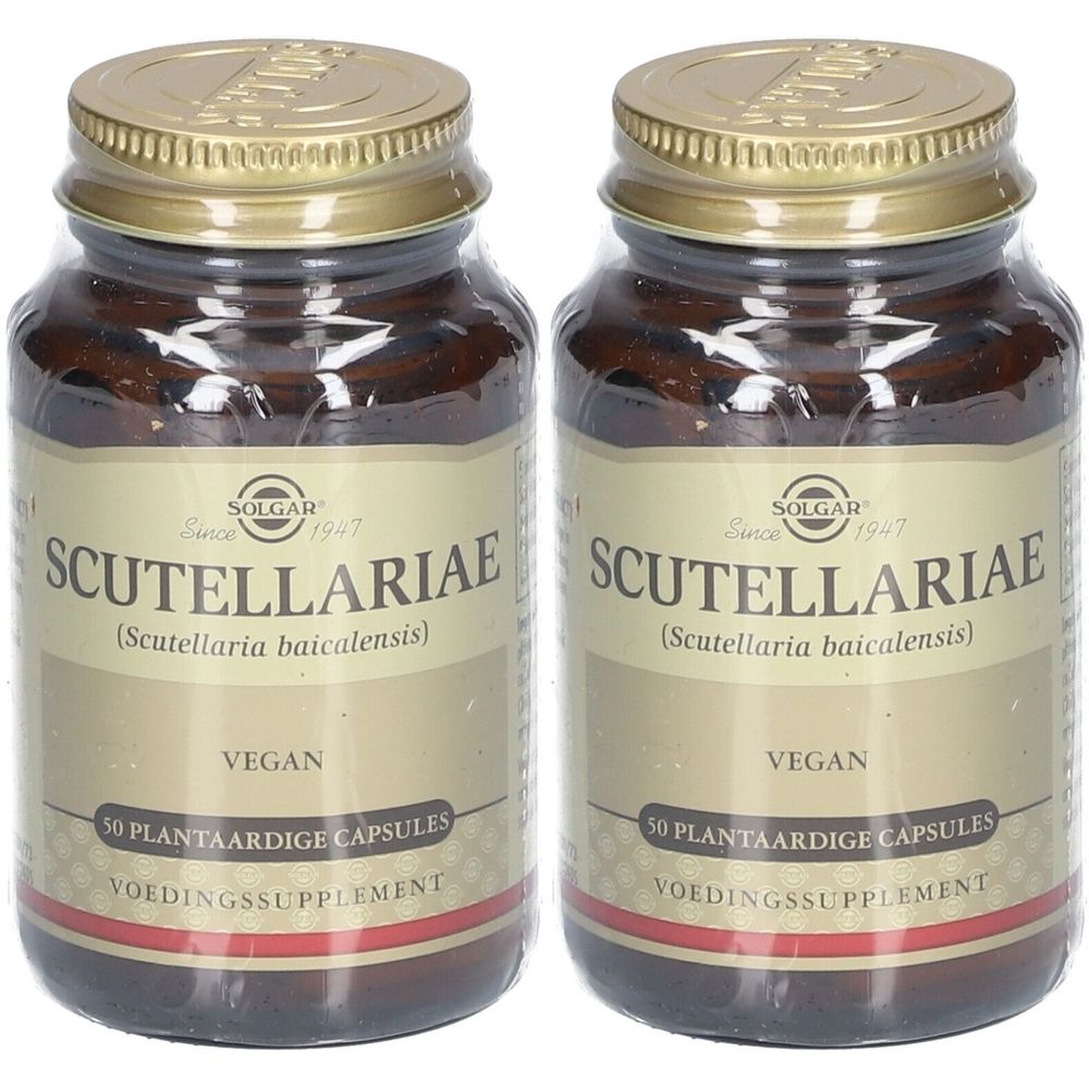 Zwei braune Glasflaschen mit goldenen Deckeln. Auf den Etiketten steht "SOLGAR" und "SCUTELLARIAE".  Vegan, 50 pflanzliche Kapseln.