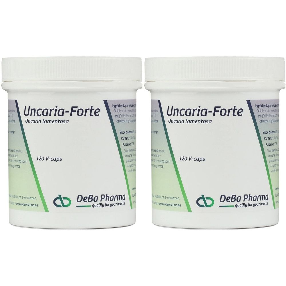 Zwei weiße Behälter mit Deckel. Aufschrift: Uncaria-Forte, 120 V-caps, DeBa Pharma. Grün-weiße Etiketten.