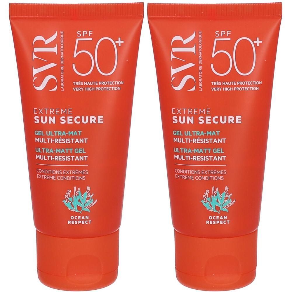 Zwei Tuben SVR Sun Secure Extreme SPF50+. Orangefarbene Tuben mit weißer Schrift. SPF 50+ und Produktbezeichnung deutlich sichtbar.