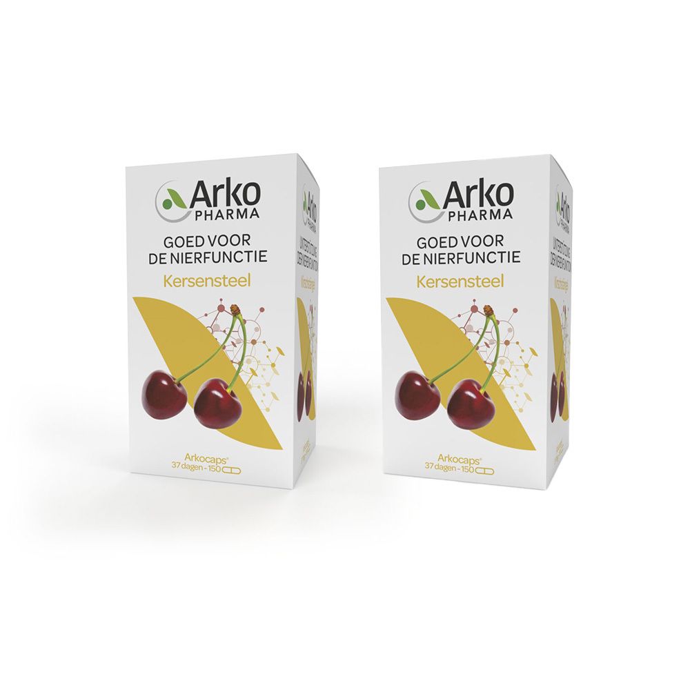Zwei weiße Kartons mit Kirschabbildung und Text. Aufschrift: Arko Pharma, GOED VOOR DE NIERFUNCTIE, Kersensteel.