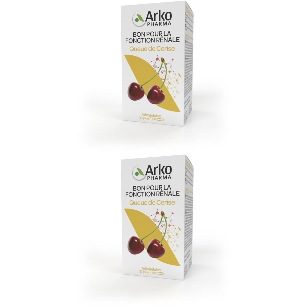 Deux boîtes Arkopharma. Inscription: Bon pour la fonction rénale, Queue de Cerise. Illustration: cerises.