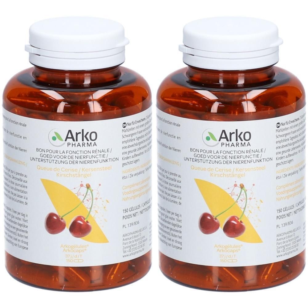 Deux flacons bruns avec bouchons blancs. Inscription: Arkopharma, Queues de Cerise. Illustration de cerises.