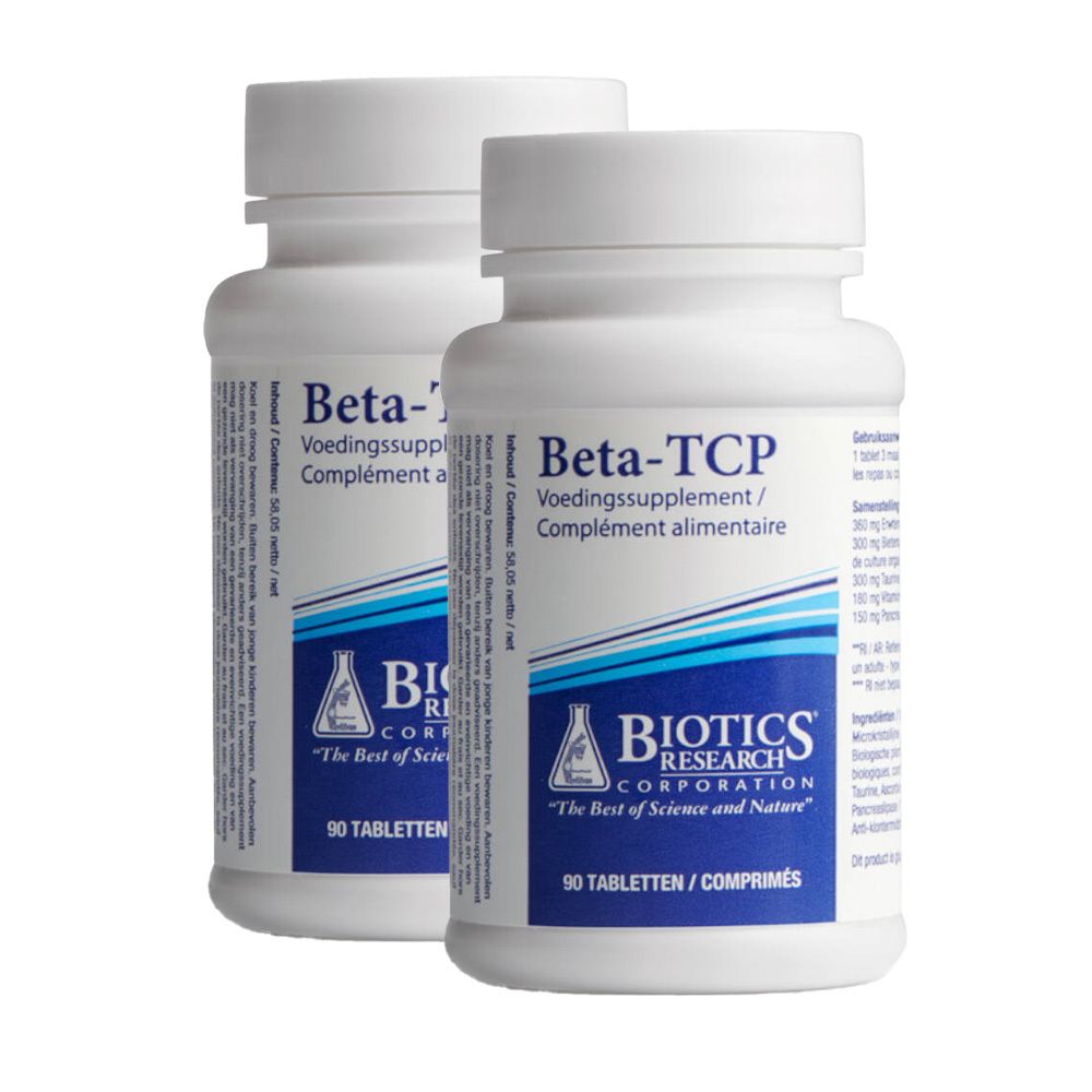 Zwei weiße Flaschen mit Beta-TCP-Nahrungsergänzungsmittel. Aufschrift: Biotics Research Corporation. Jede Flasche enthält 90 Tabletten.