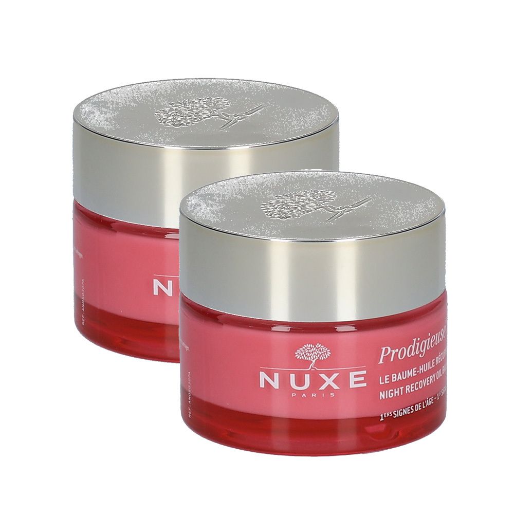 Zwei Tiegel mit silbernen Deckeln und rosa Inhalt. Auf einem Tiegel steht "Nuxe Paris" und "Prodigieuse".