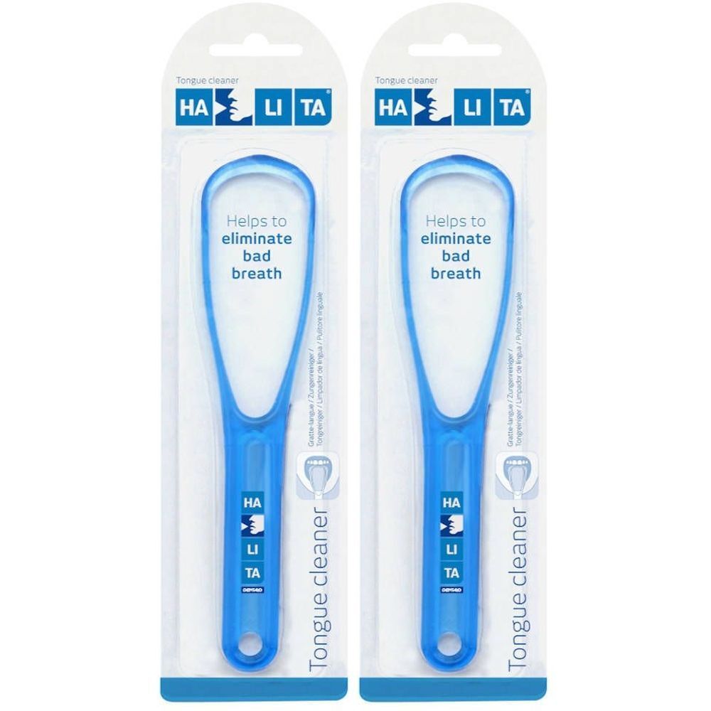 Deux grattoirs à langue bleus emballés. Inscription: Halita, Tongue cleaner, Helps to eliminate bad breath.