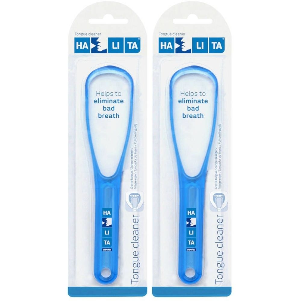 Deux grattoirs à langue bleus emballés. Inscription: Halita, Tongue cleaner, Helps to eliminate bad breath.