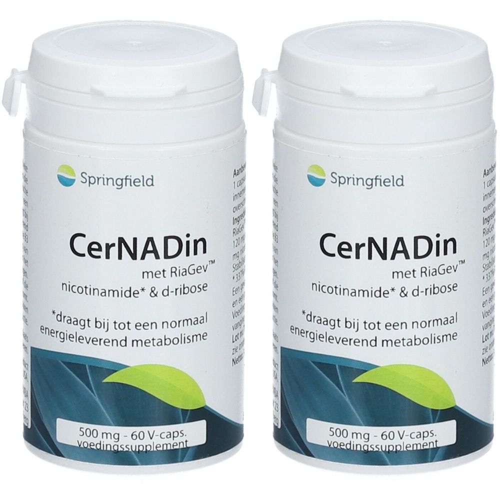 Zwei weiße Flaschen mit dem Produktnamen CerNADin. Aufschrift: Nicotinamid & D-Ribose, 500 mg. Marke: Springfield.