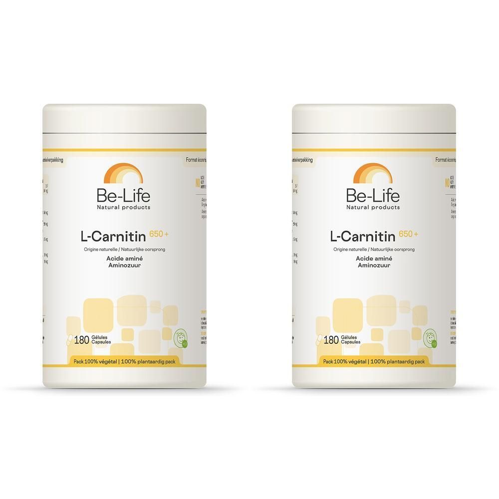 Zwei weiße Behälter mit Etiketten. Aufschrift: Be-Life L-Carnitin 650+. 180 Kapseln. 100% pflanzlich.
