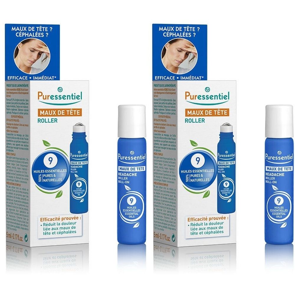 Blaues Roll-on-Fläschchen und Verpackung mit Produktnamen und Logo. 9 ätherische Öle. Kopfschmerz-Roller.