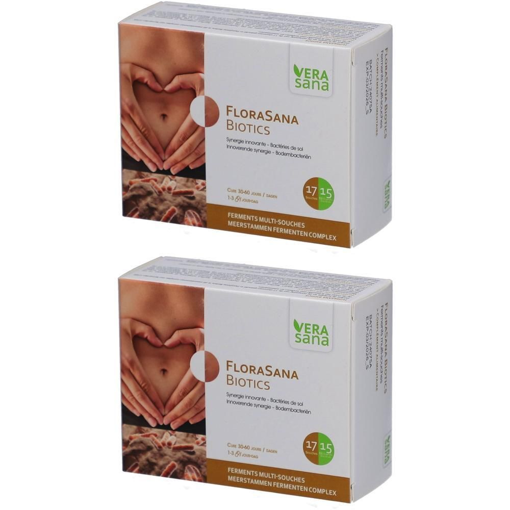 Zwei Packungen FloraSana Biotics. Weiße Schachteln mit Logo und Produktinformationen. Abbildung eines Bauches mit Händen.