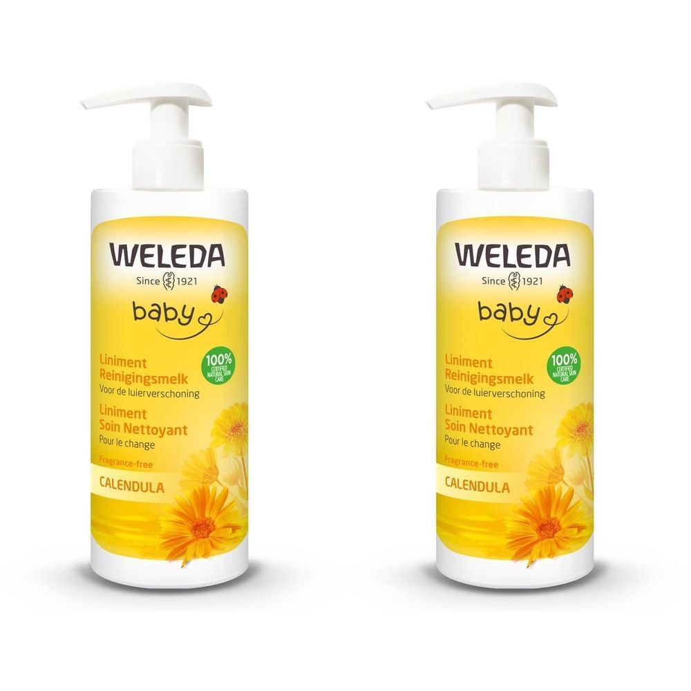Zwei gelbe Flaschen mit weißem Pumpkopf. Aufschrift: WELEDA Baby, Uniment, Reinigingsmelk, Soin Nettoyant, Calendula. 100%.
