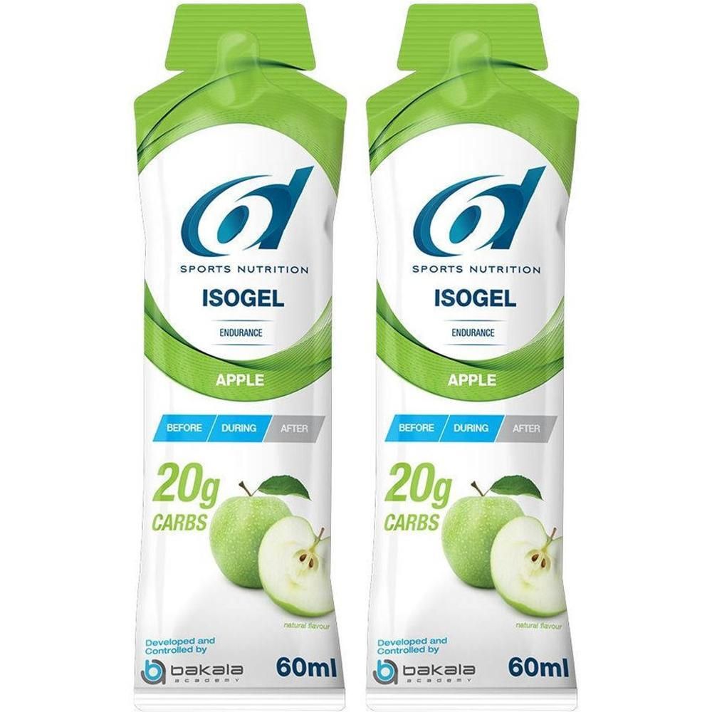 Zwei Beutel 6D SPORTS NUTRITION IsoGel Apfel. Grün-weißes Design. Enthält 20g Kohlenhydrate. 60ml. Apfel-Abbildung.