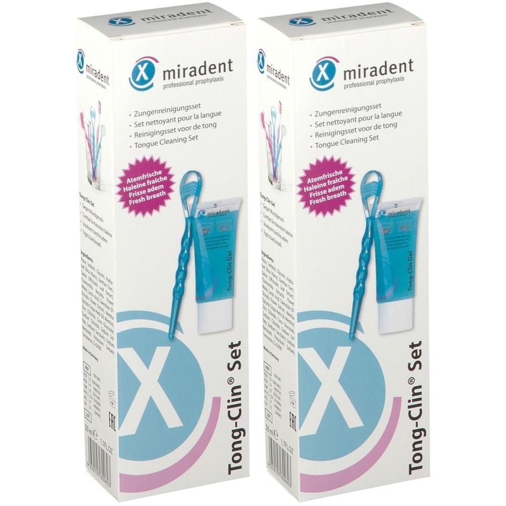 Zwei Produktverpackungen. Aufschrift: miradent Tong-Clin Set. Enthält Zungenreiniger und Zahnpasta.