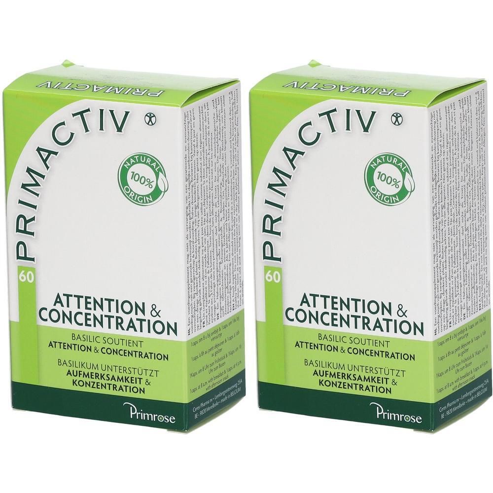 Zwei grüne Schachteln mit weißer Schrift. Aufschrift: PRIMACTIV, 60, ATTENTION & CONCENTRATION, 100% Natural Origin. Primrose Logo.