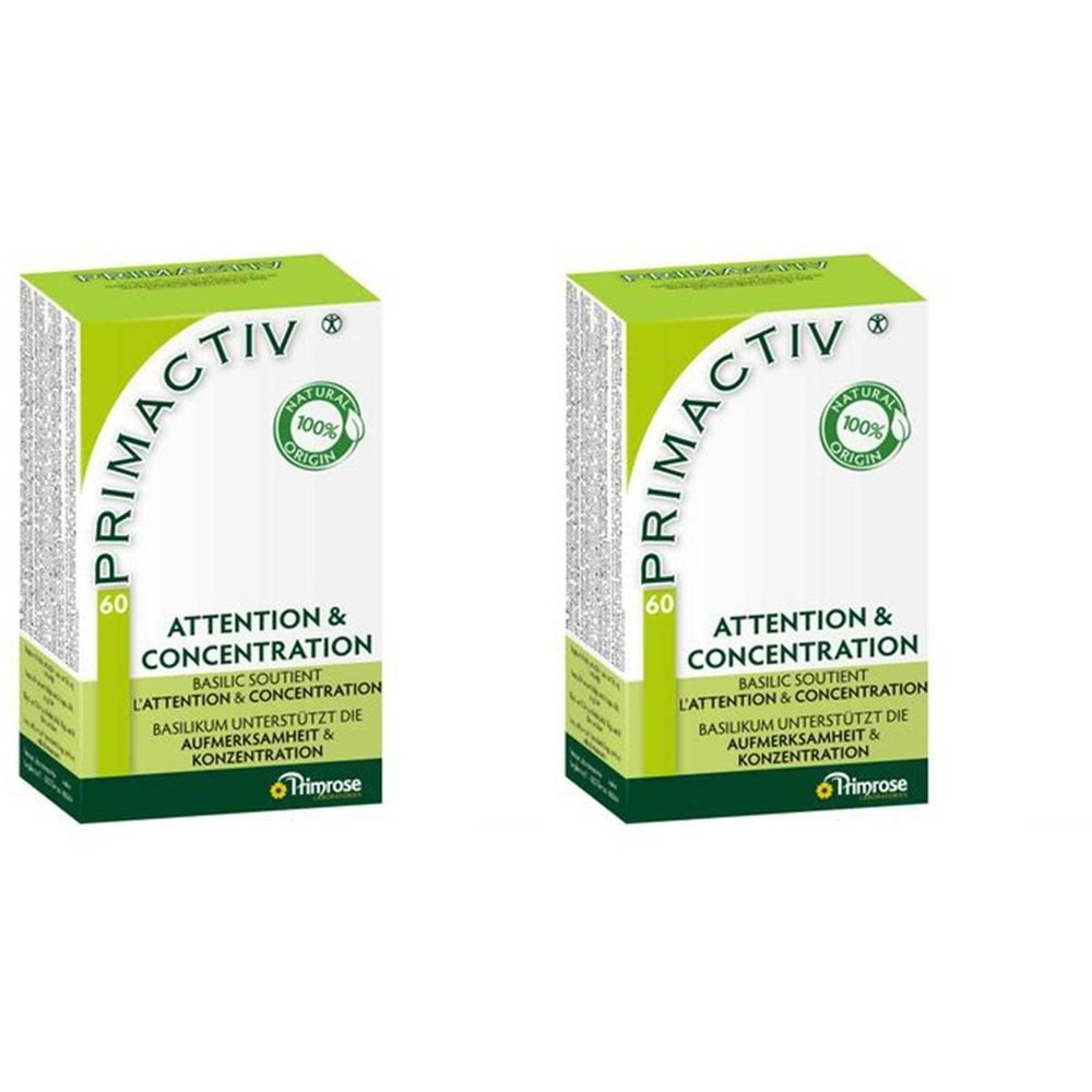 Deux boîtes vertes avec texte blanc. Inscription: PRIMACTIV, 60, ATTENTION & CONCENTRATION, 100% Natural Origin. Logo Primrose.