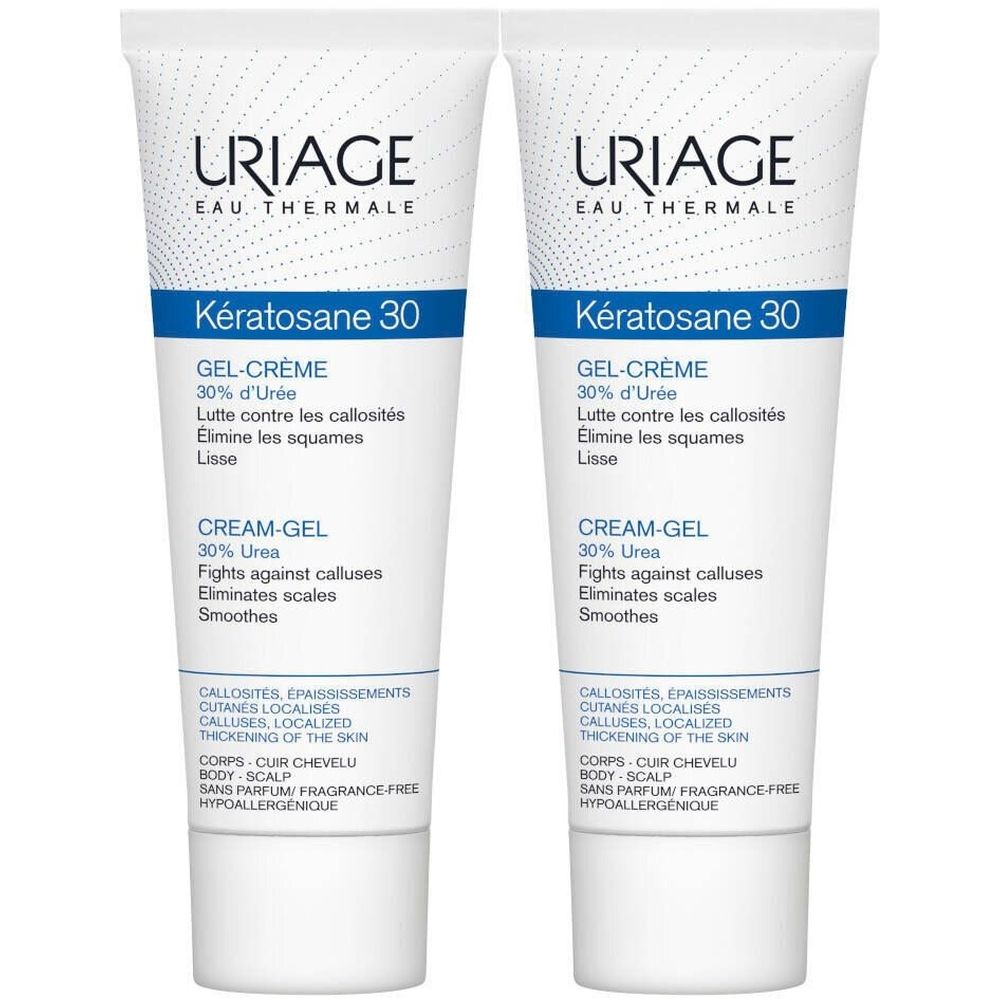 Zwei Tuben Uriage Kératosane 30 Gel-Creme. Weiß, mit blauer und schwarzer Schrift. Aufschrift: 30% Urea, gegen Schwielen, Schuppen.