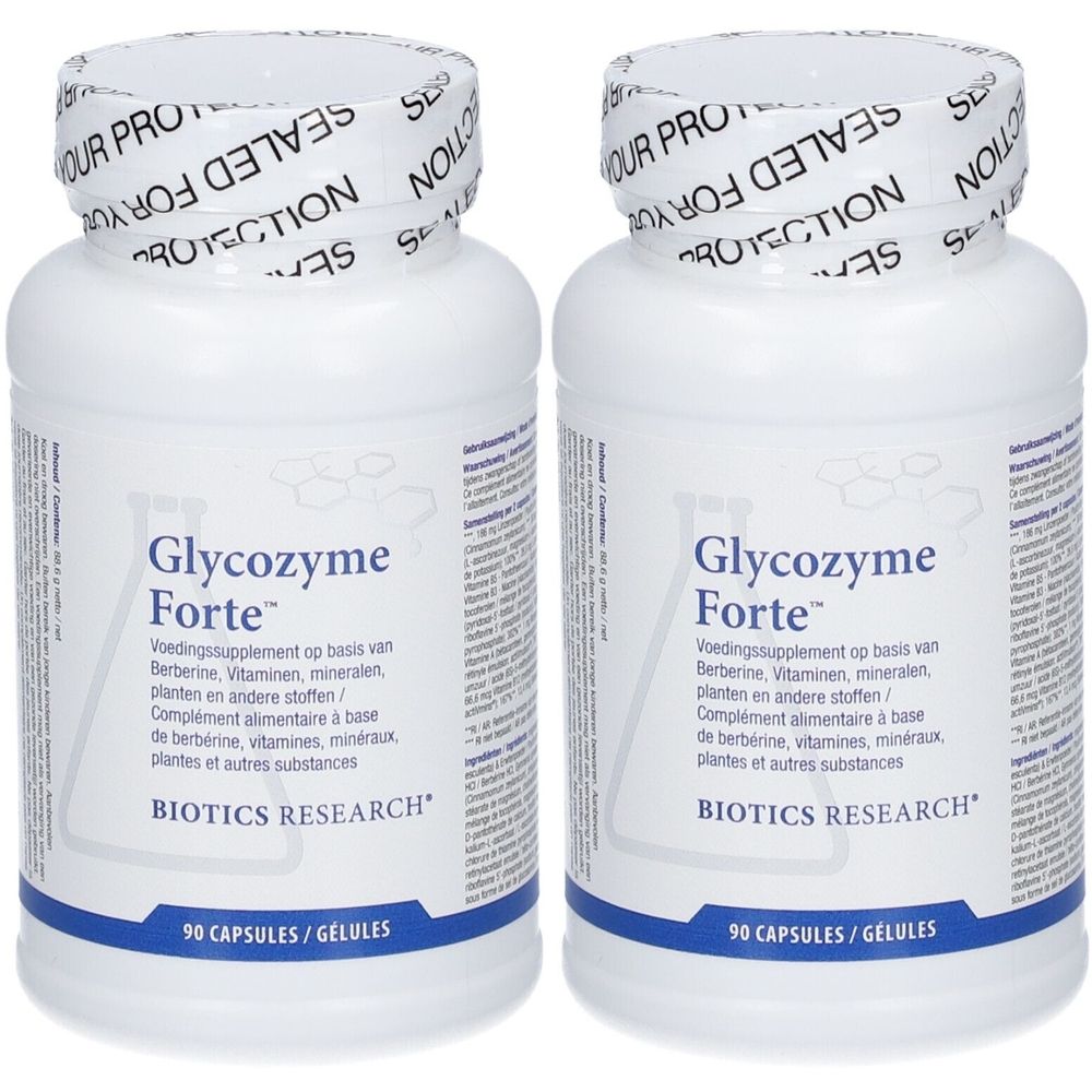 Zwei weiße Flaschen mit dem Produktnamen Glycozyme Forte. Aufschrift: 90 Kapseln. BIOTICS RESEARCH Logo.