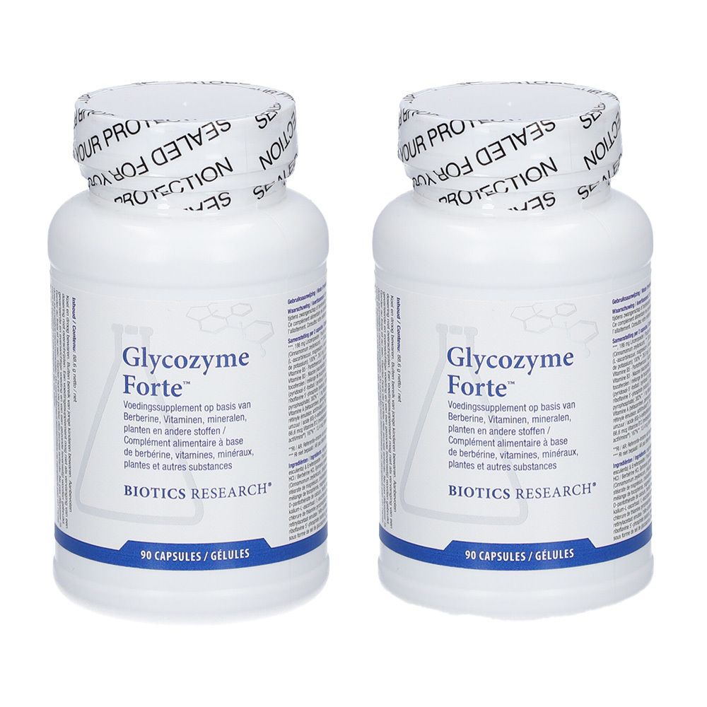 Deux flacons blancs avec Glycozyme Forte. Inscription: 90 capsules. Logo BIOTICS RESEARCH.
