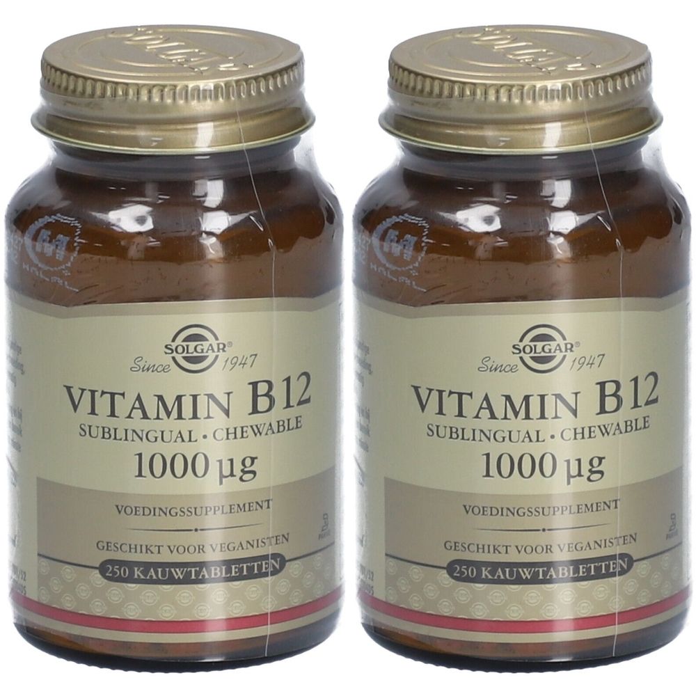 Zwei Flaschen Solgar Vitamin B12. Braune Glasflaschen mit goldenen Deckeln und Etiketten. Beschriftung: Vitamin B12, 1000 µg, 250 Kautabletten.