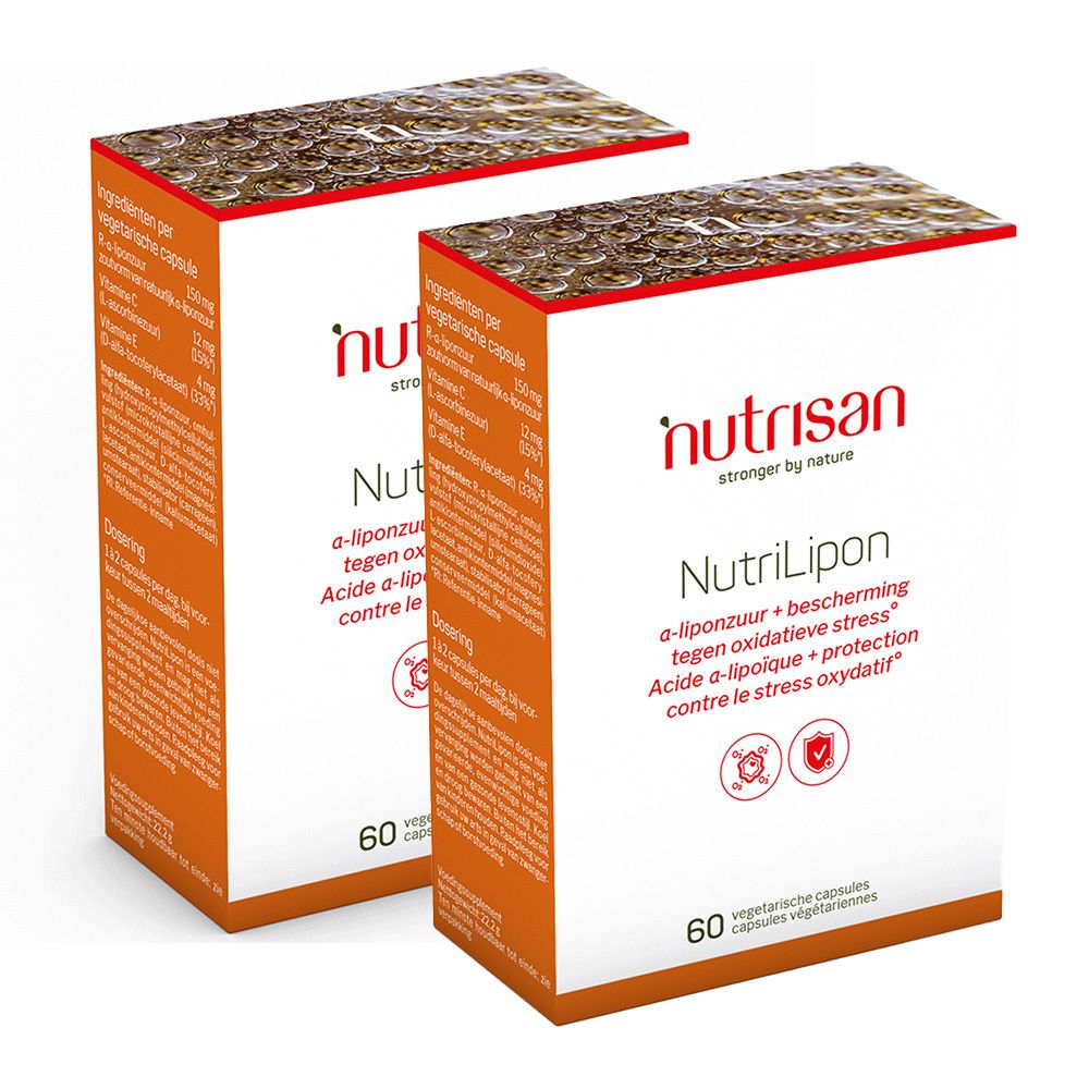 Deux boîtes Nutrisan Nutrilipon. Texte et logos sur fond blanc. 60 capsules végétales.