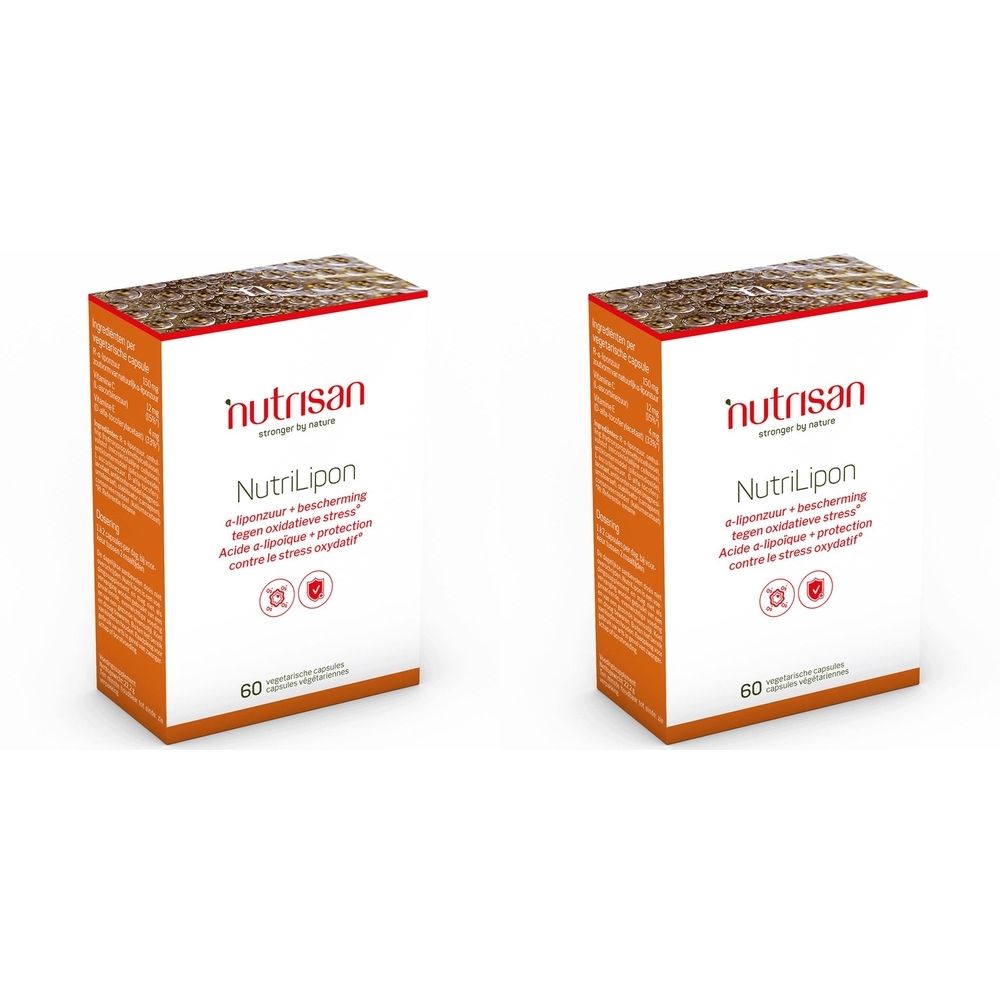 Zwei rechteckige Schachteln mit der Aufschrift Nutrisan Nutrilipon. Orangefarbene Akzente. 60 Kapseln.