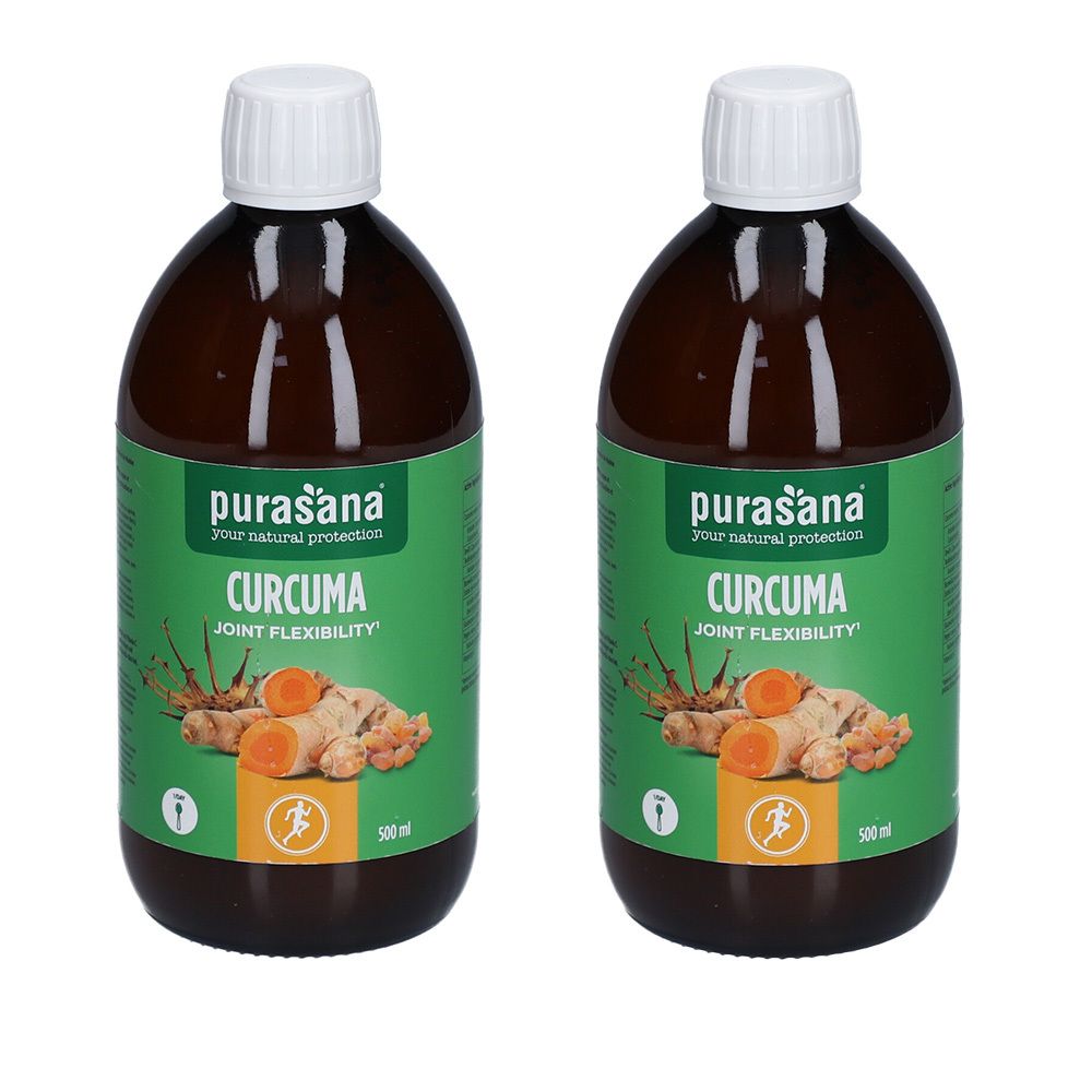 Deux bouteilles de Purasana Curcuma Forte. Étiquettes vertes avec nom du produit, illustration de gingembre et logo. Bouchons blancs.