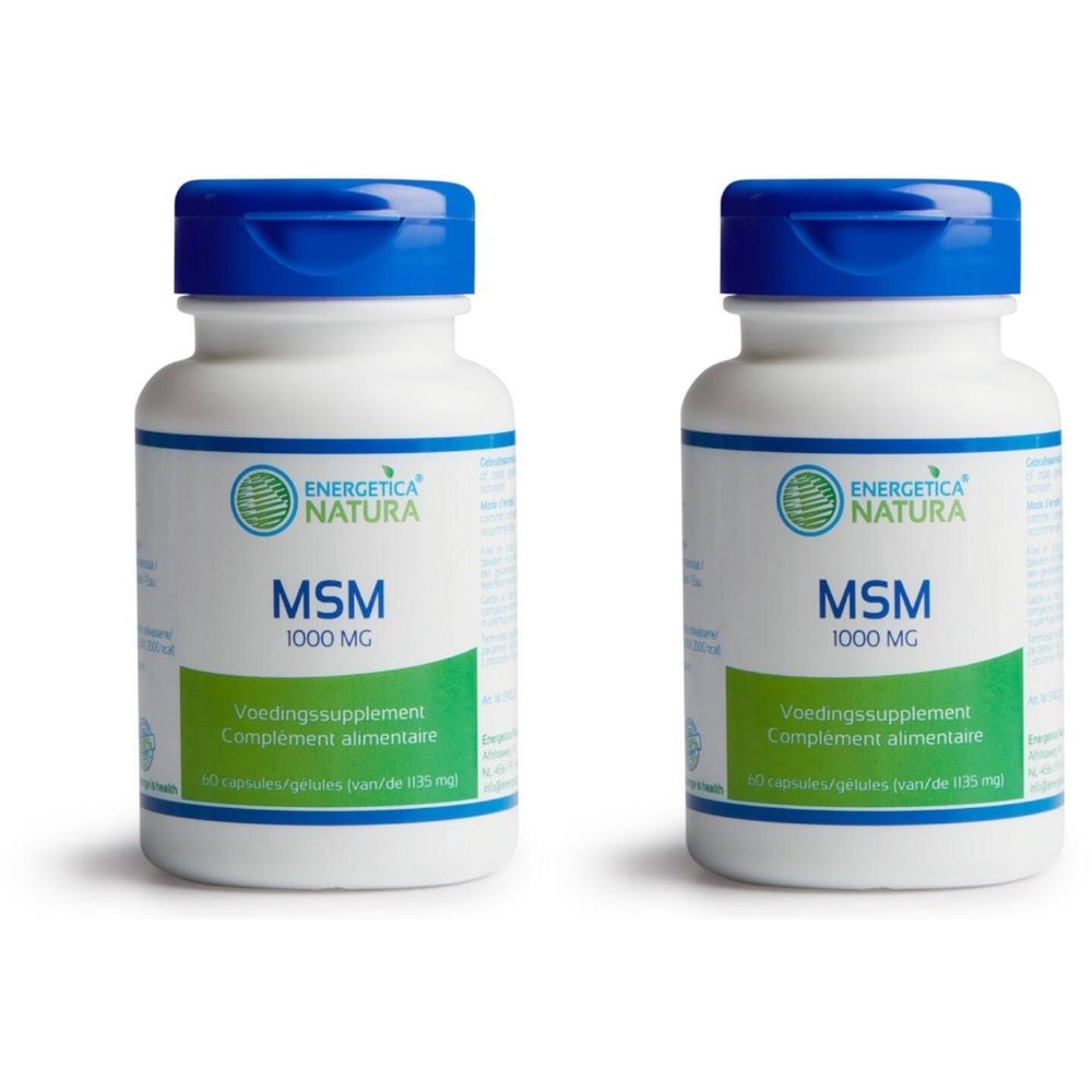Zwei weiße Flaschen mit blauen Deckeln. Aufschrift: Energetica Natura MSM 1000 mg. Nahrungsergänzungsmittel.