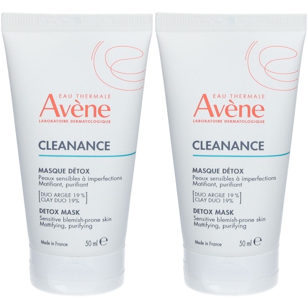 Zwei Tuben AVENE Cleanance Detox-Maske. Weiße Tuben mit Schriftzug und Logo. 50ml.