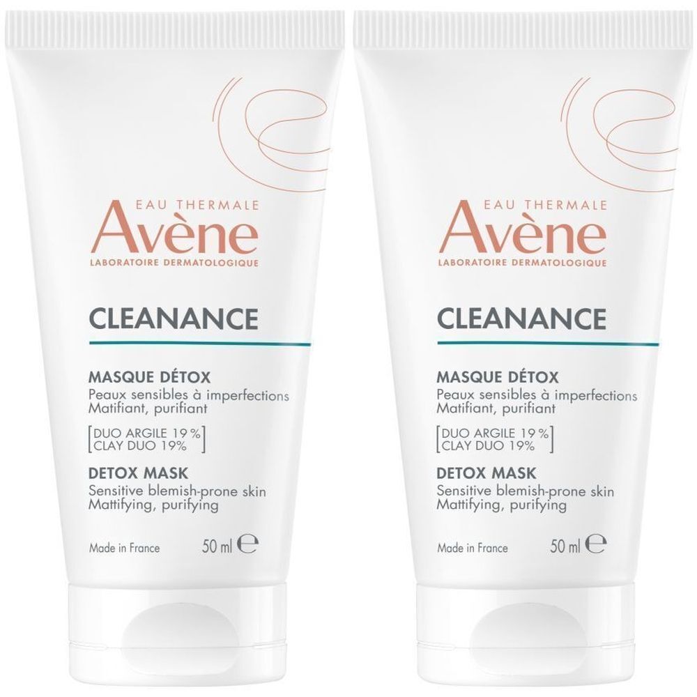 Deux tubes de masque détox AVENE Cleanance. Tubes blancs avec texte et logo. 50ml.