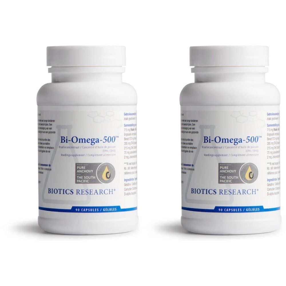 Zwei weiße Flaschen Bi-Omega-500. Aufschrift: Biotics Research, Pure Anchovy, 90 Kapseln.