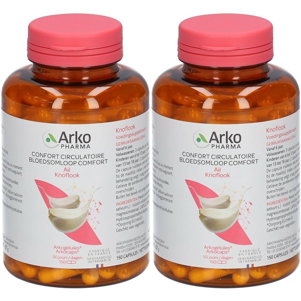 Deux flacons avec bouchons roses. Étiquettes avec "Arko Pharma" et "Confort Circulatoire Bloedsomloop Comfort Ail Knoflook".