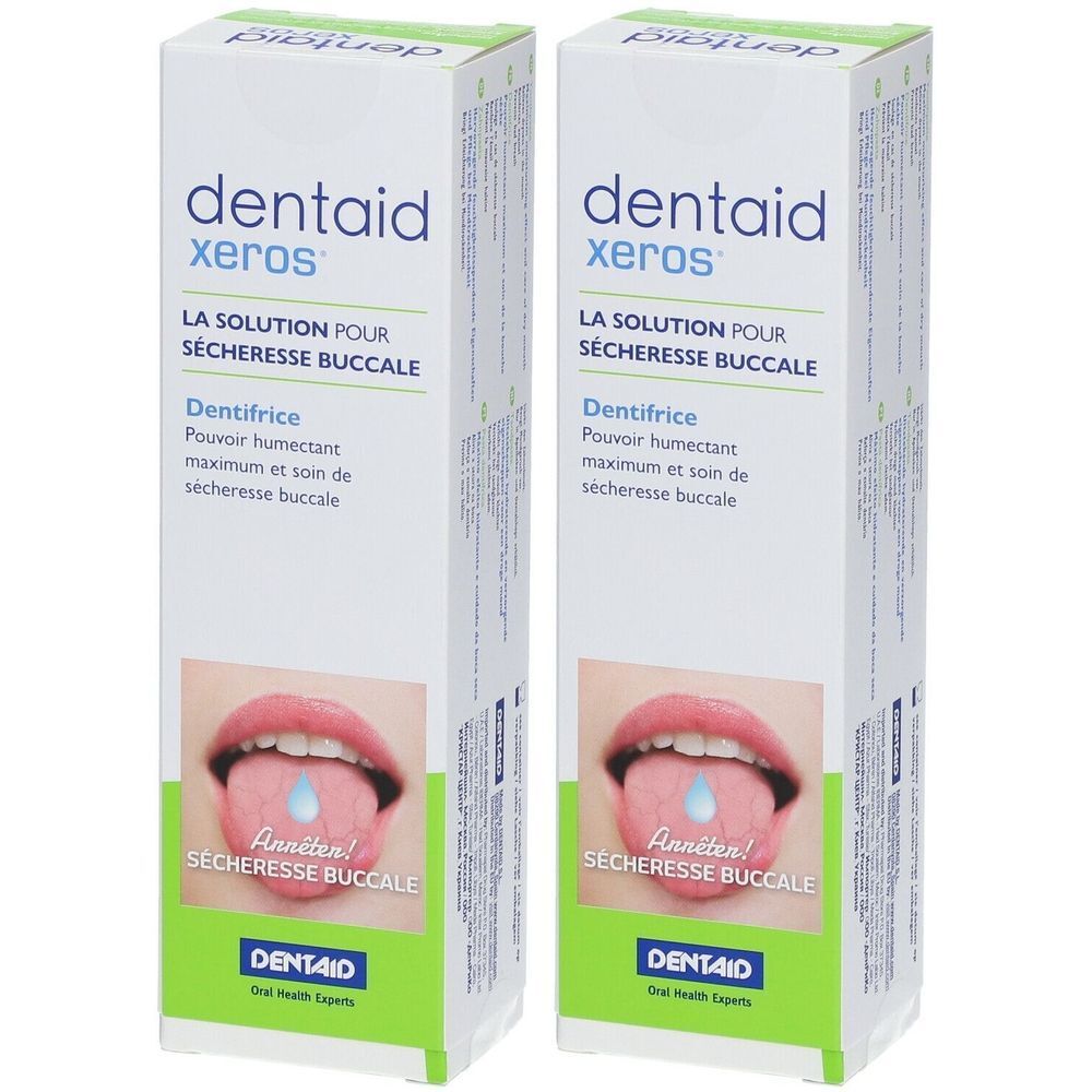 Deux boîtes blanches avec texte bleu et vert. Inscription : dentaid xeros, dentifrice pour sécheresse buccale. Illustration : langue avec goutte.