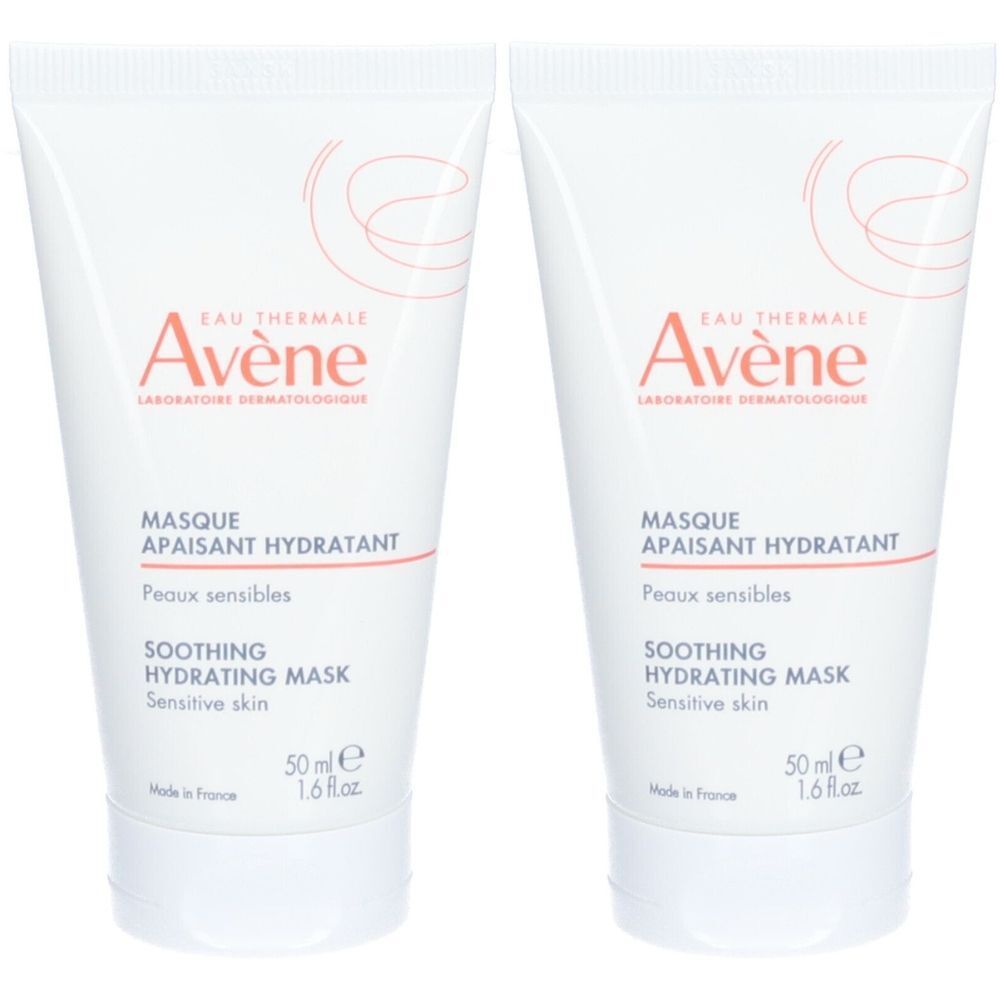 Deux tubes de masque facial Avene. Blanc, avec logo et texte rouge. "Masque apaisant hydratant" et "50 ml" sont visibles.