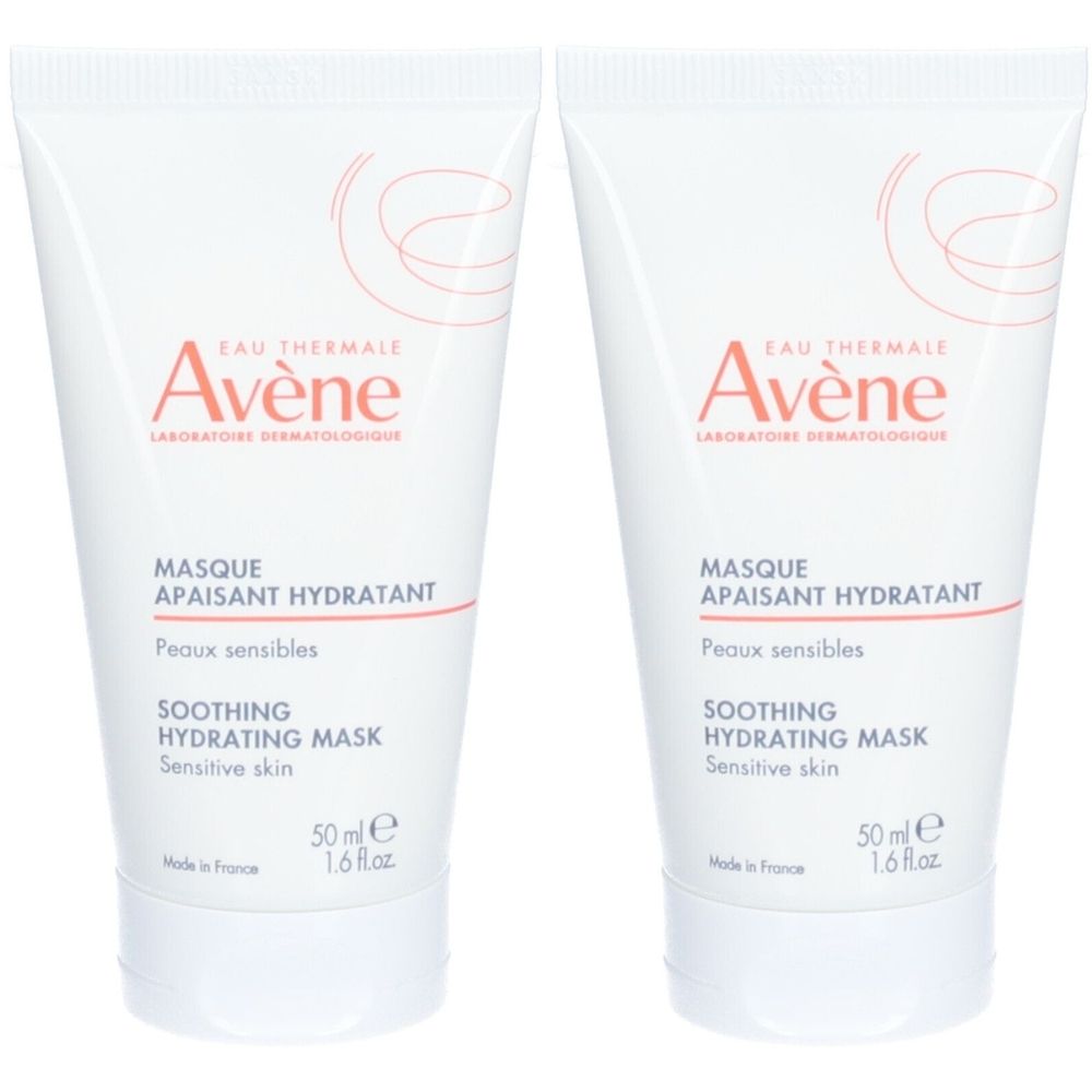 Deux tubes de masque facial Avene. Blanc, avec logo et texte rouge. "Masque apaisant hydratant" et "50 ml" sont visibles.